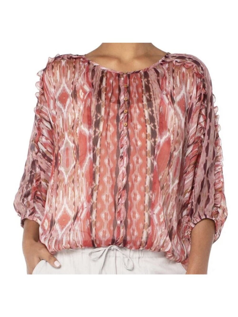 LIVERPOOL Women Top Sz M Pink Red Ruffled Chiffon Southwest Print Blouse Button